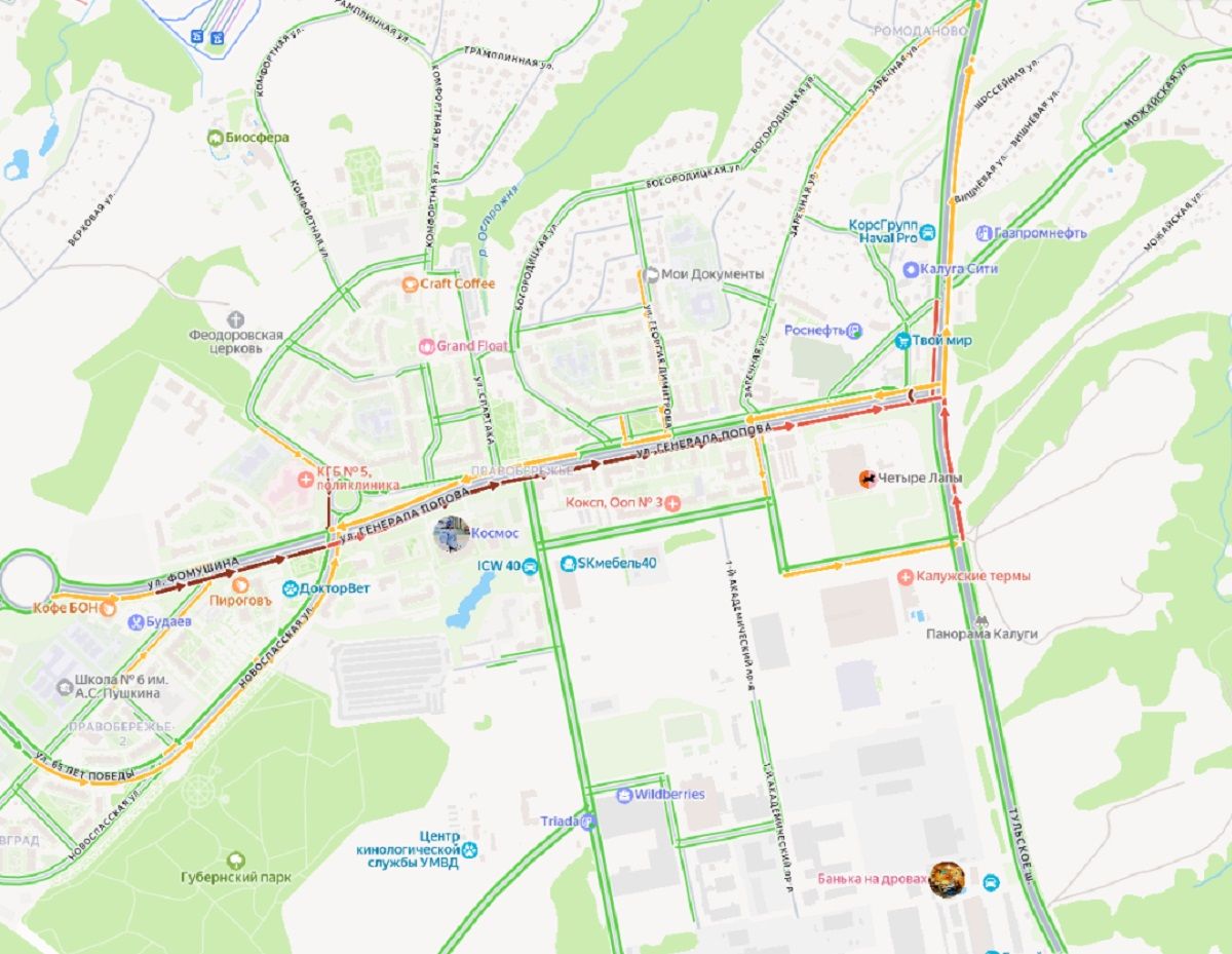 Правый берег Калуги стоит в пробке