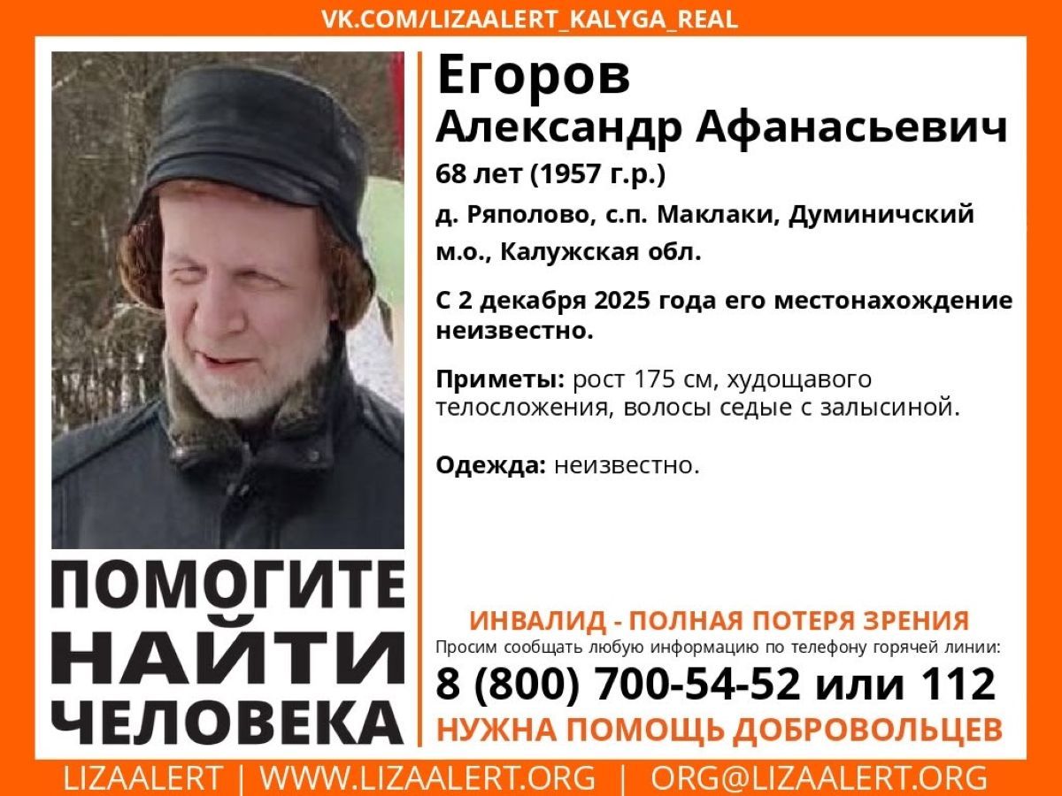 Слепой пенсионер пропал в калужской деревне